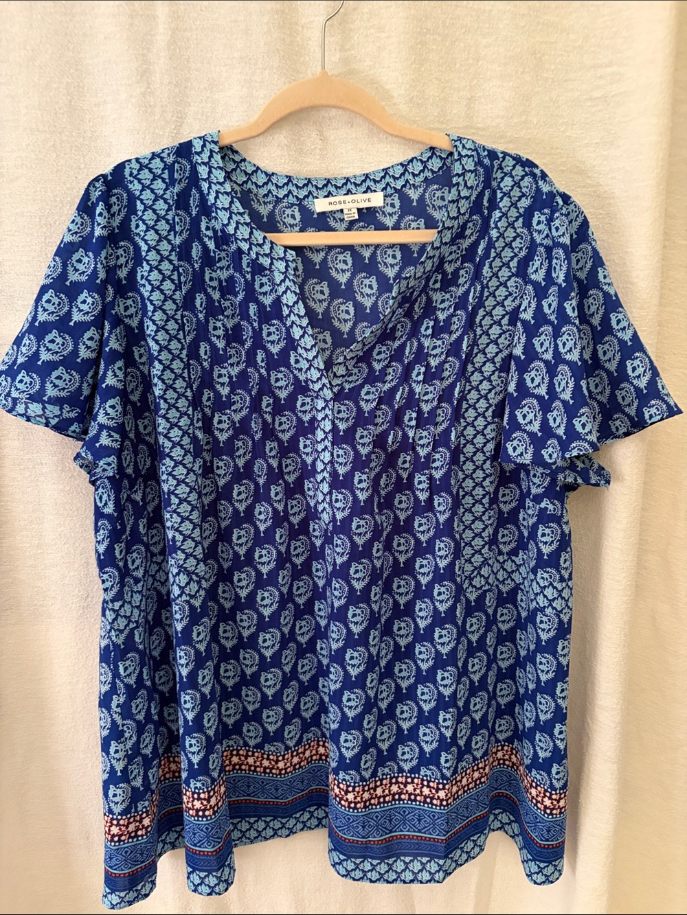 Rose & Olive Navy and Light Blue Paisley Print V-Neck Flutter Sleeve Top
